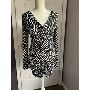 NWT‎ Drole De Copine Zebra Ruched Bodycon Dress Long Sleeve V-Neckline Size S/M